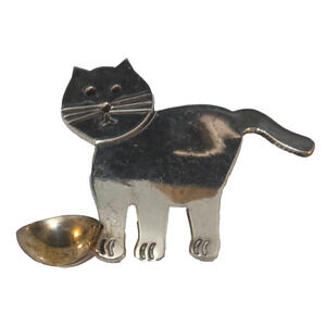 Vintage Sterling Silver 925 Cat & Food Bowl Brooch Tasco Mexico 1 1/2"
